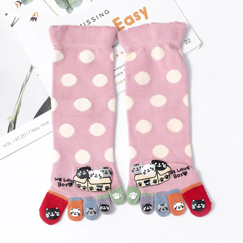 Separate Fingers Socks For Women Cute Things Cats New Autumn Winter Wide Loose Medium Tube Socks Dots Printed