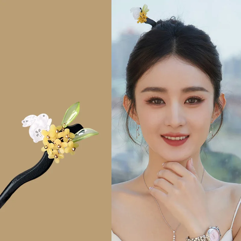 

ALLNEWME Retro White Hollow Out Cartoon Rabbit Yellow Flower Acrylic Hair Sticks Women Ladies Black Color Long Hair Accessories