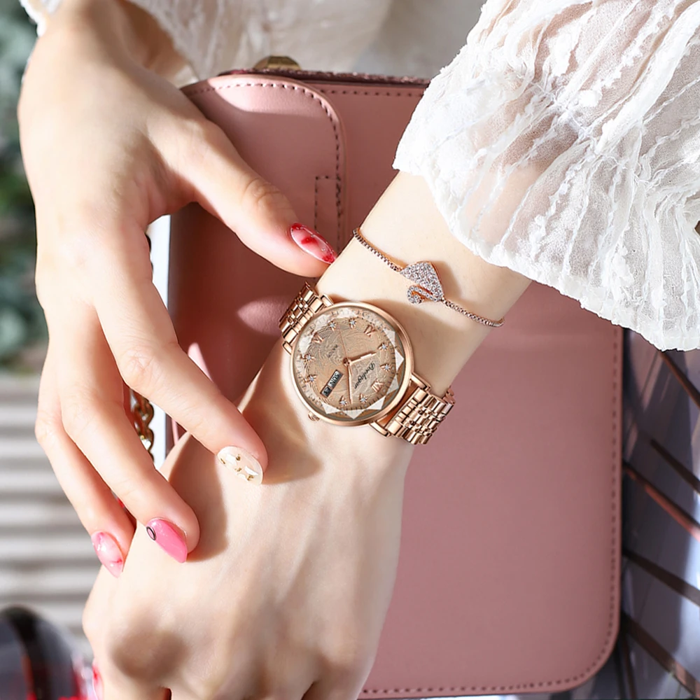 Swiss Brand POEDAGAR Women Watch Stainless Steel Mesh Rose Gold Simple Waterproof Luminous Ladies Watches Luxury Quartz Elegant