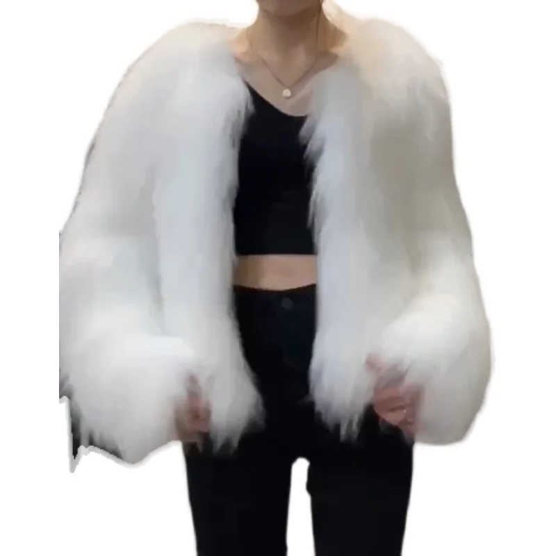 White Raccoon Woven Real Fur Handmade Short Coat Long Sleeve Warm Fashion Winter Women's Fur Coat White Age Reducing Jacket