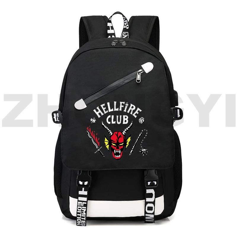 

Stranger Things Season 4 Hellfire Club USB Backpacks Harajuku Anime Backpack Laptop Travel Daypack Cute Cartoon Kids School Bags