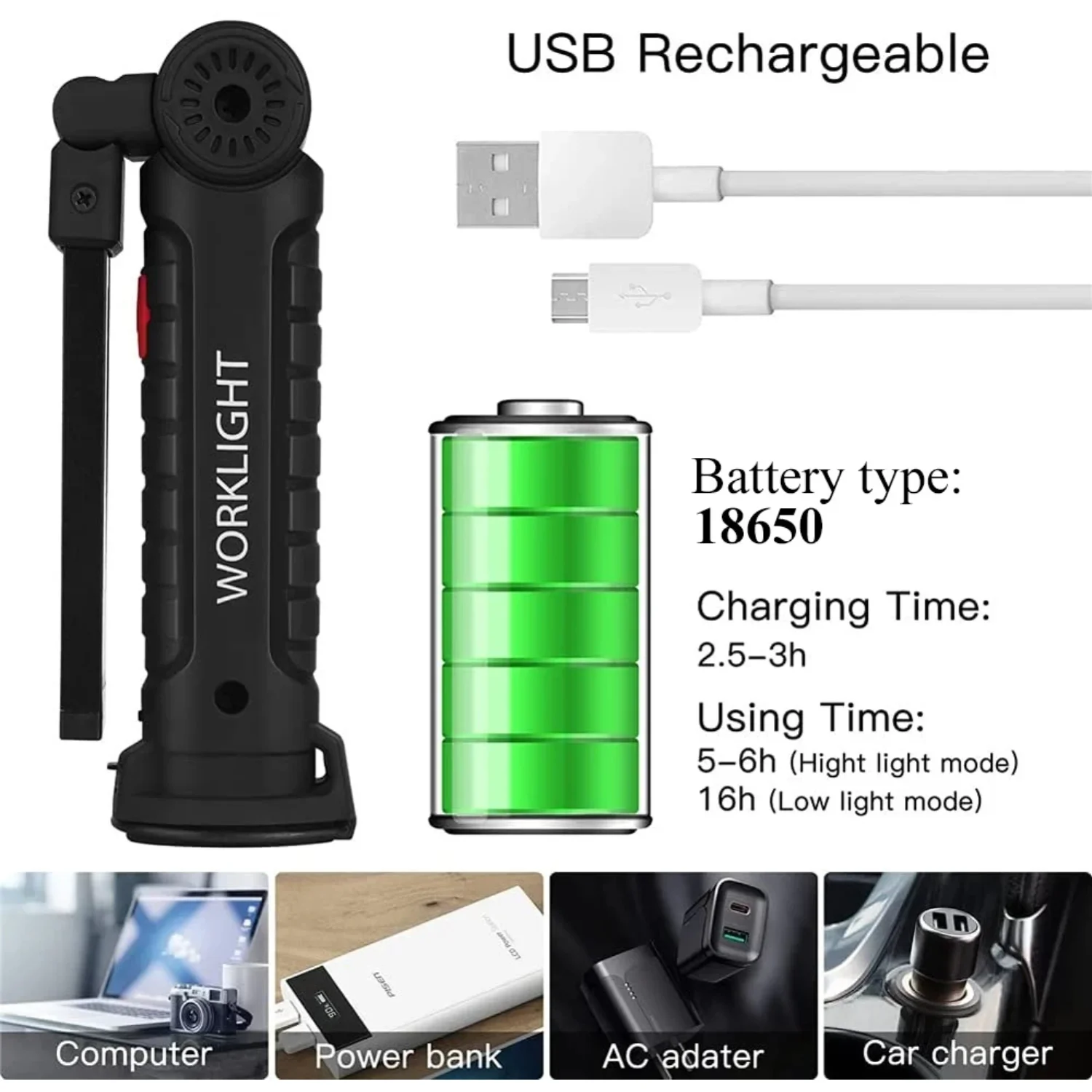 USB перезаряжаемый фонарик для кемпинга рабочий свет с магнитом и крючком IP64