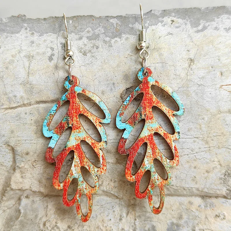 

Vintage Garbage Art Leaf Earrings Colorful Hollow out Bohemian Nationality Vintage Pendant Earrings For Women