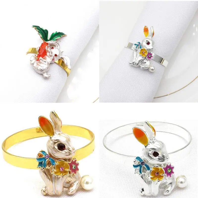 

6pcs Easter Rabbit Shaped Napkin Rings Personality Metal Napkin Button Holder Gold Silver Wedding Party Dinner Table Decoration