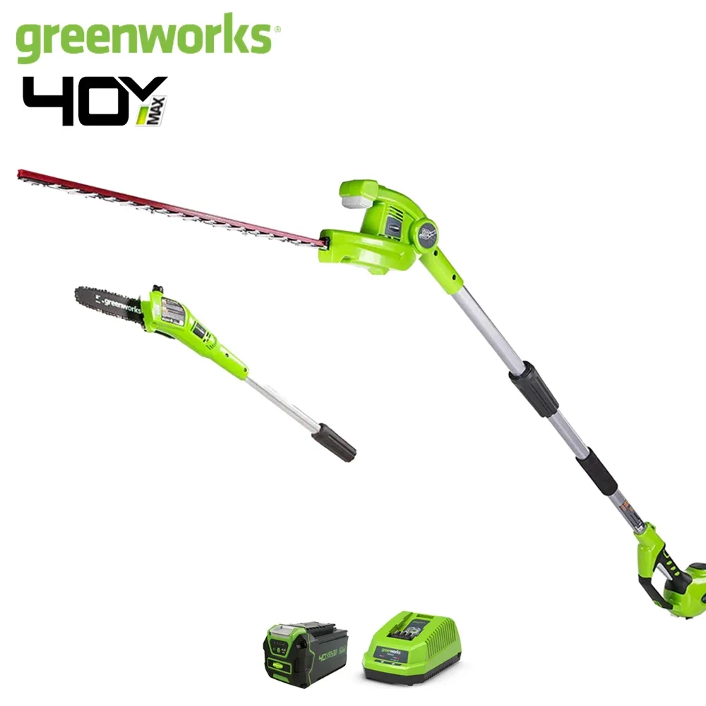Фото Беспроводная полюсная пила Greenworks, 40 в, 8 дюймов, с приспособлением для подрезания живой изгороди до 9 футов, Untra, легкий полюсный триммер 20302 №1