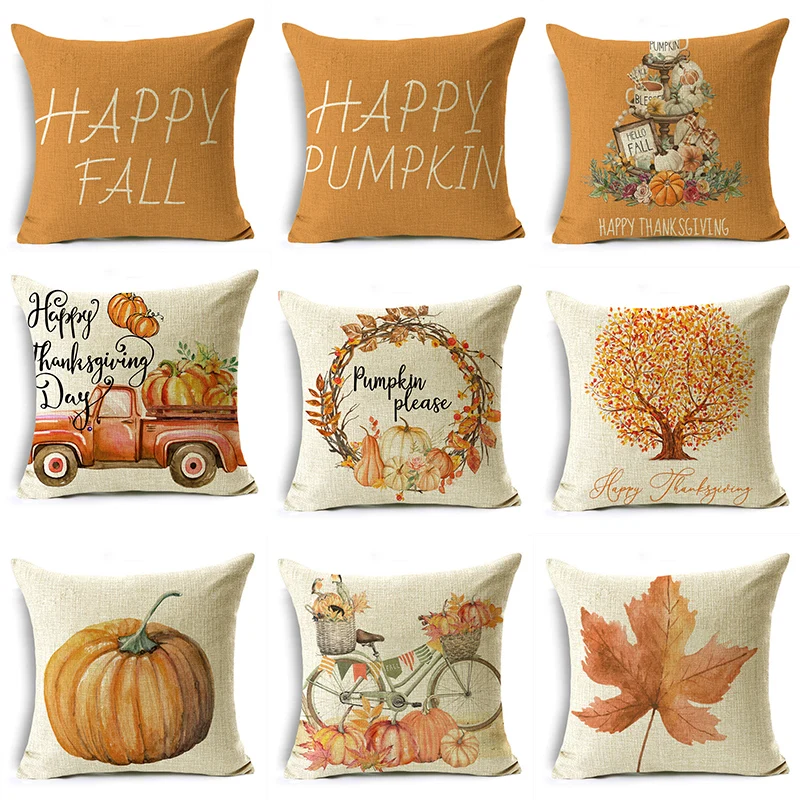 

Autumn Happy Thanksgiving Orange Pumpkin Maple Leave Throw Pillowcase Cushion Covers For Sofa Office Bedroom Decor Multiple Size