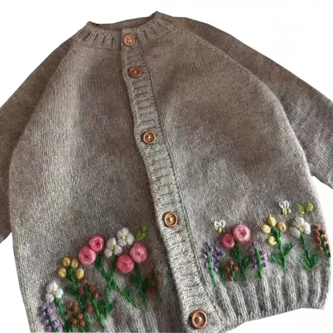 Женский винтажный вязаный свитер с вышивкой, элегантный Свободный пуловер свободного покроя в виде цветка, осень 2024