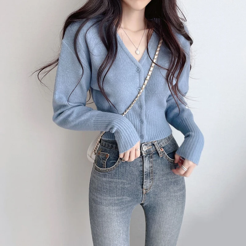 

Korean Clothes Short V-neck Knitted Cardigan Jacket Women's Sweater Early Autumn Sweater Long Sleeve Niche Waist Jacket Autumn