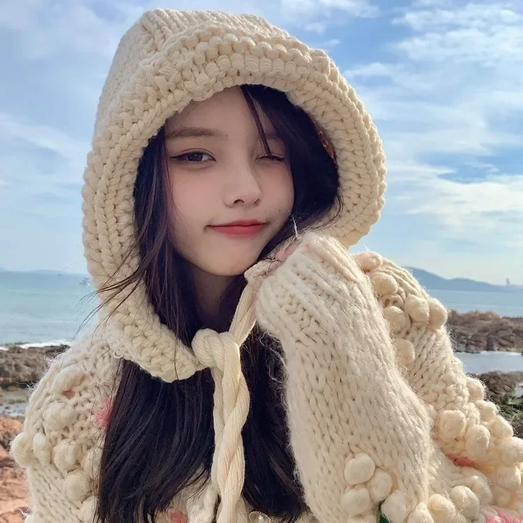 Красный шарф-бочонок женская осенне-зимняя теплая утолщенная вязаная шапка с