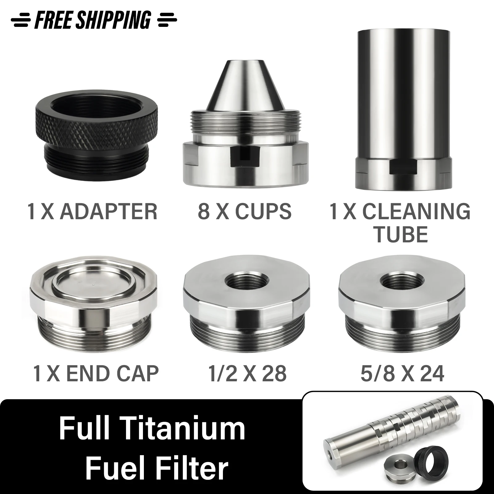 

7"L 1.5''OD Titanium GR5 Dodecagonal Modular Solvent Cleaning Filter 1.375x24 MST 8x Screw Cone Cups with 1/2x28+5/8x24 End Caps