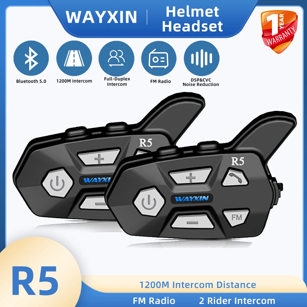 

WAYXIN R5 Motorcycle Intercom Helmet Headsets FM Radio, BT5.0 Communication Interphone Intercomunicador Moto, Waterproof 2 Rider