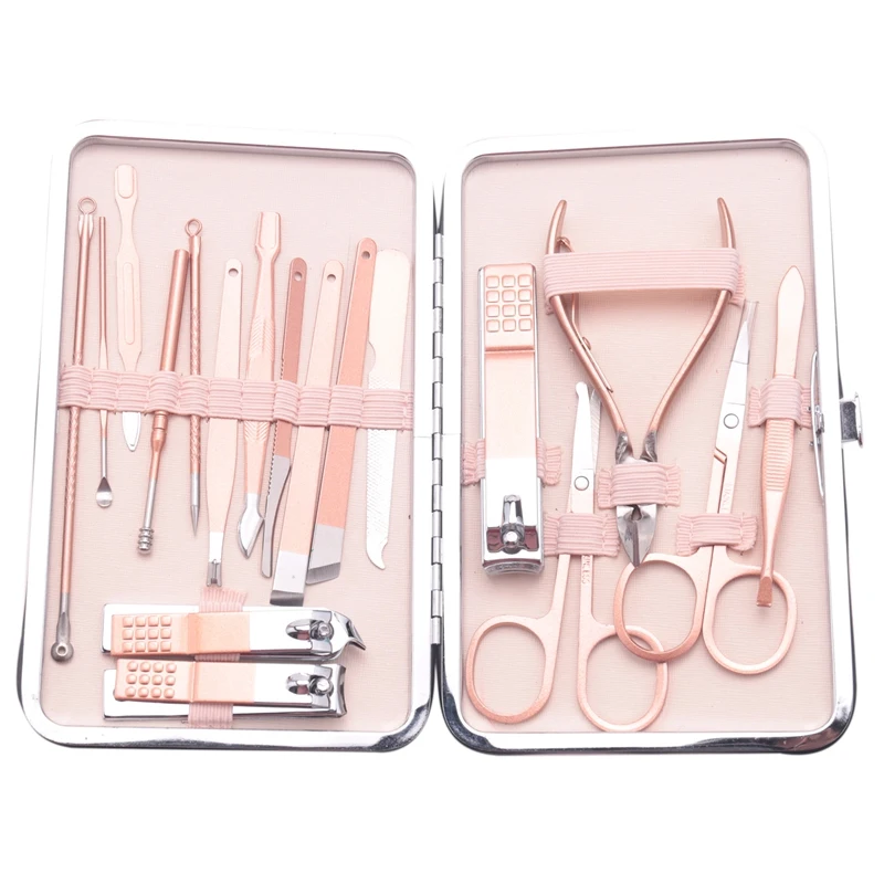 

18Pcs/Set Rose Gold Stainless Nail Art Tools Kits Steel Nail Clipper Cutter Trimmer Ear Pick Grooming Kit Manicure Set Pedicure