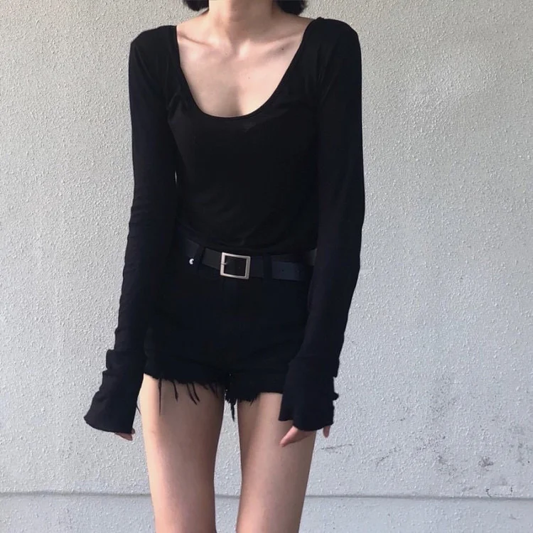 

Женская сексуальная Однотонная футболка с длинным рукавом, Женский облегающий Тонкий Топ с низким вырезом, Модная легкая футболка для отды...