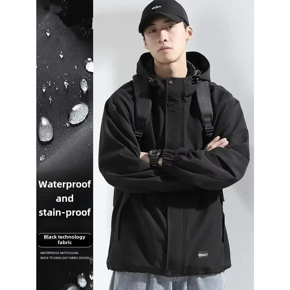 Мужская Осенняя ветрозащитная Черная куртка с капюшоном верхняя одежда тонкое