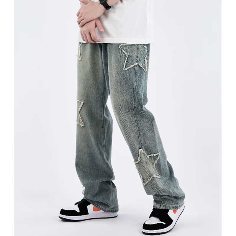 Men's Wear New Pattern Recreational Hip Hop Five Pointed Star Patch Embroidery Comfortable Loose Temperament Jeans Autumn Female