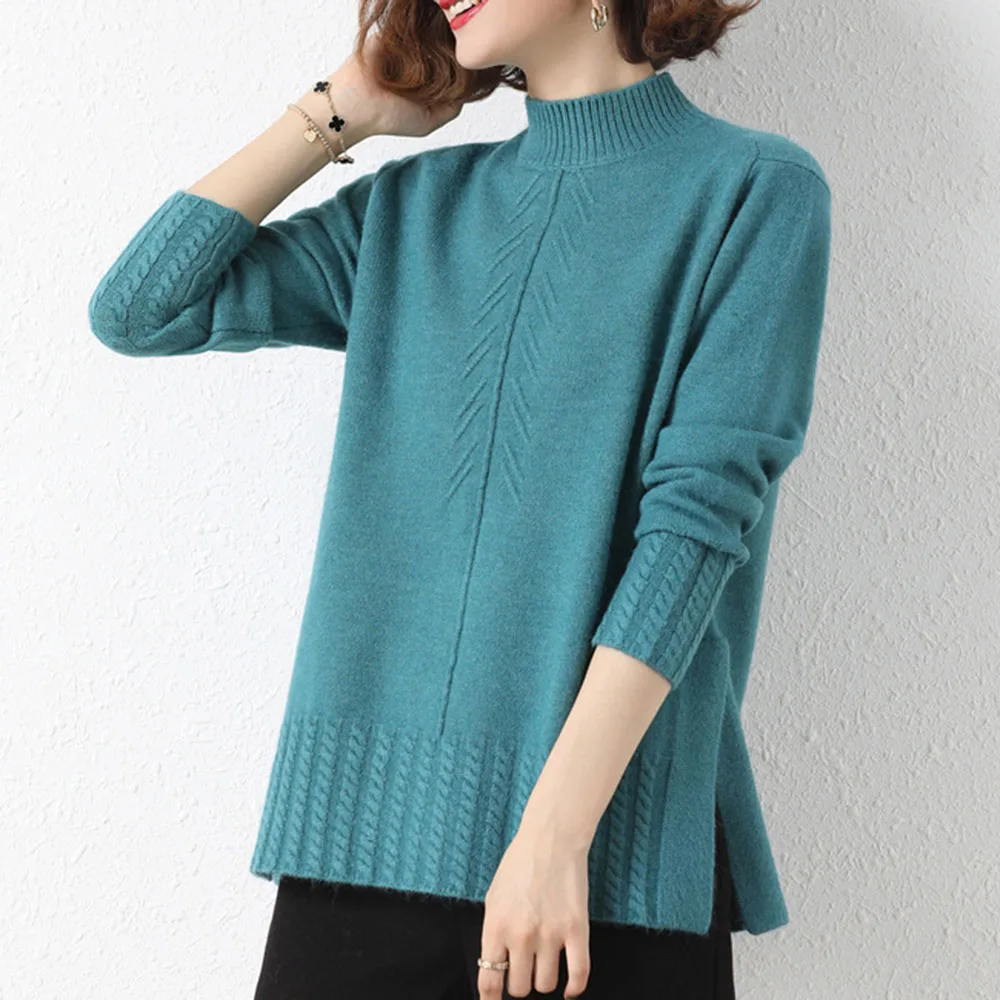 

Turtleneck Sweater Women 2022 Ladies Korean Fashion New Solid Color Loose Split Fork Knitted Bottoming Pullover Long Sleeve Top