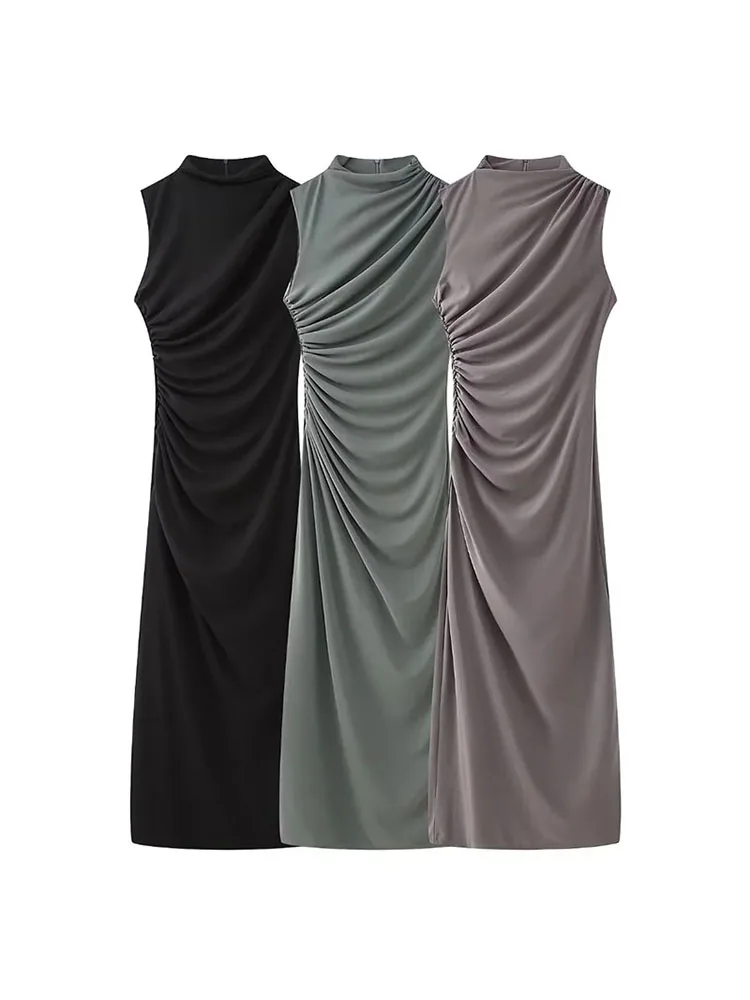 

ZADATA new women's fashion solid color simple and versatile O-neck sexy sleeveless back slit slim and elegant dress