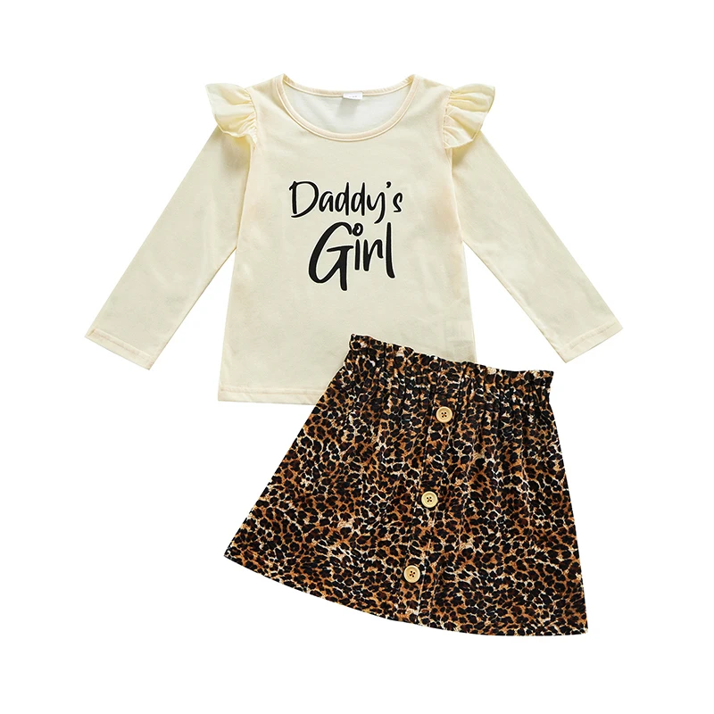 

2PCS Set Kids Baby Girl Long Sleeve Letter Print T-shirt Tops Leopard A-line Skirt Outfits Fashion Children Clothes