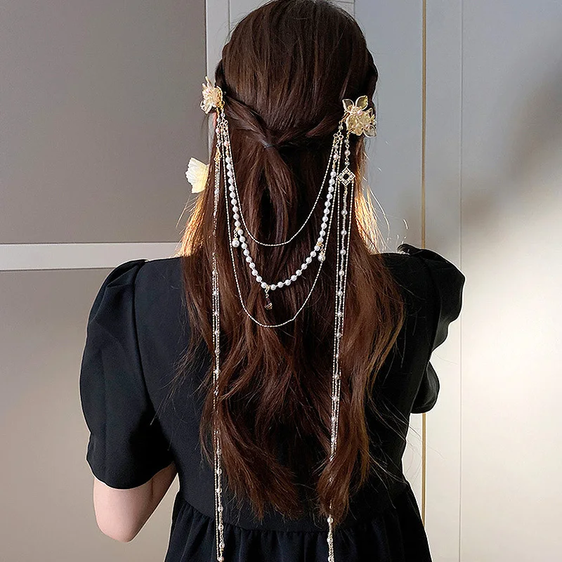 

Fashion Flower Long Tassel Hairdress Imitation Pearls Temperament Women Headwear Hair Accessories Hair Clip Wedding Headdress