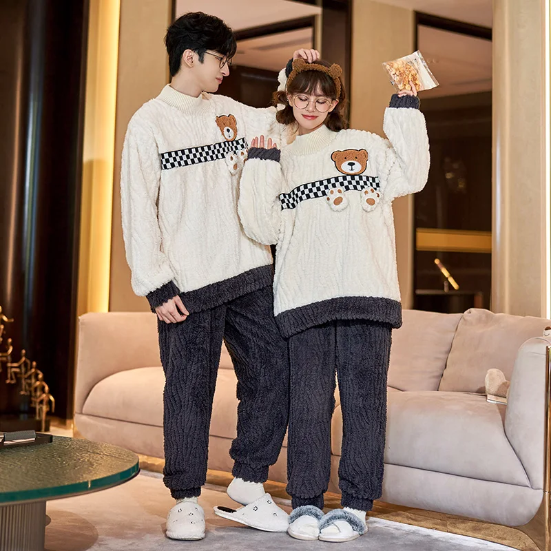 QUHENG Flannel Men's Pajama Pants Set 2022 Autumn Winter New Thick Warm Sleepwear for Couples Casual Loose Home Costumes Set