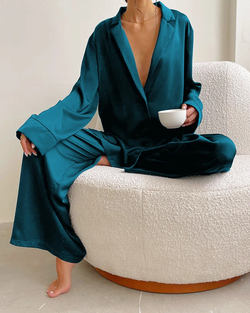 

Oversized Satin Silk Sleepwear Low Cut Sexy Pajamas For Women Single-Breasted Long Sleeves Wide Leg Pants Trouser Suits Homewear