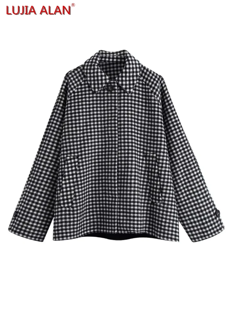 Autumn New Women Plaid Tweed Turndown Collar Raglan Sleeve Coat Single Breasted Casual Loose Outerwear LUJIA ALAN C1695