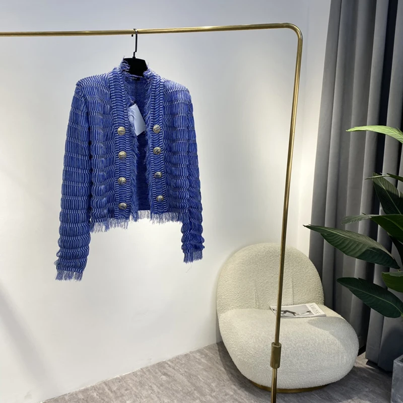 

Женский трикотажный кардиган с бахромой, голубой кардиган с длинными рукавами и кисточками для офиса, весна 2022