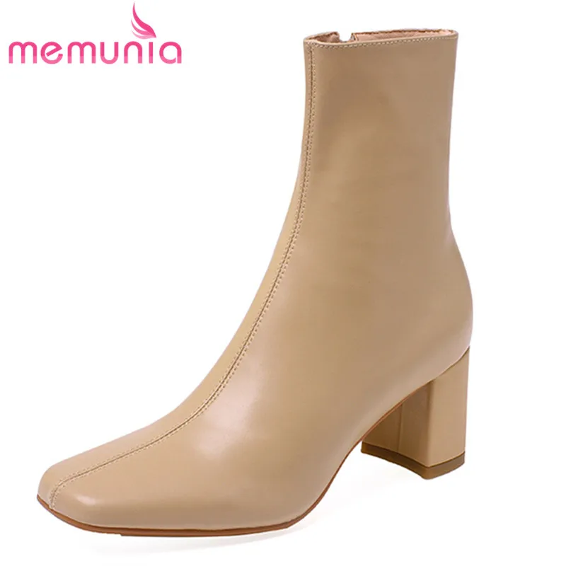 

MEMUNIA 2023 New Autumn Winter Solid Ankle Boots Zipper Sheepskin Women Boots Ladies Popular Thick High Heels Shoes