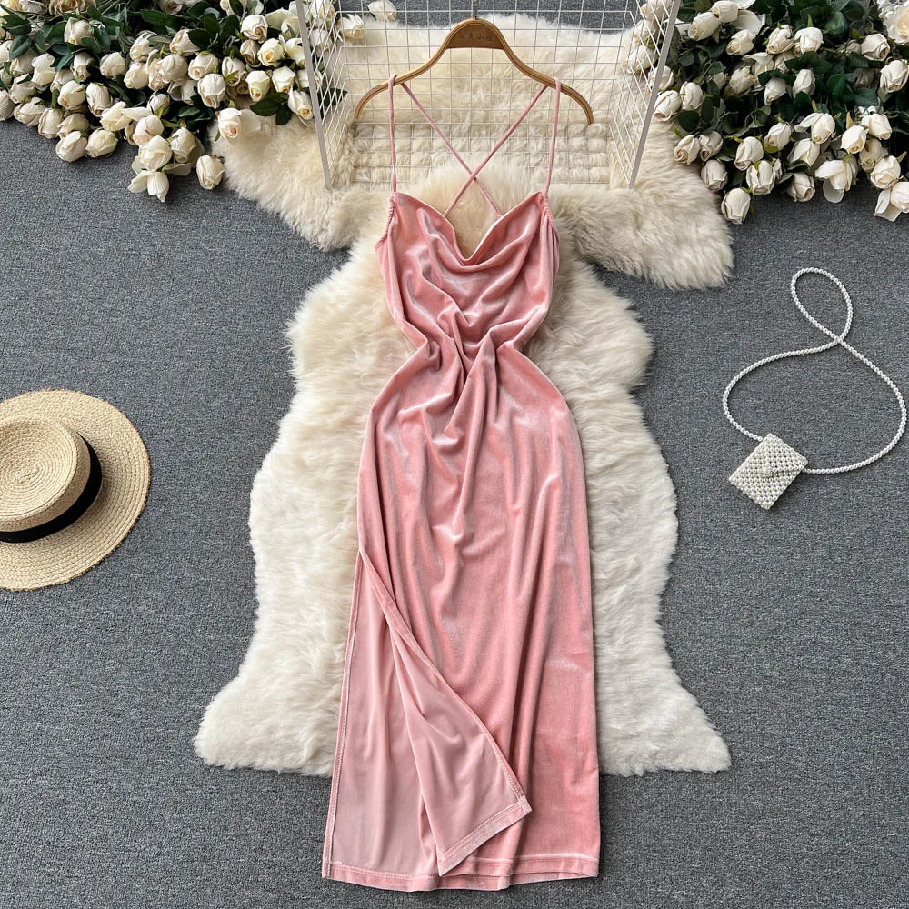 

Женское платье с запахом, розовое Повседневное платье с V-образным вырезом, без рукавов, с разрезом, весна-лето 2022