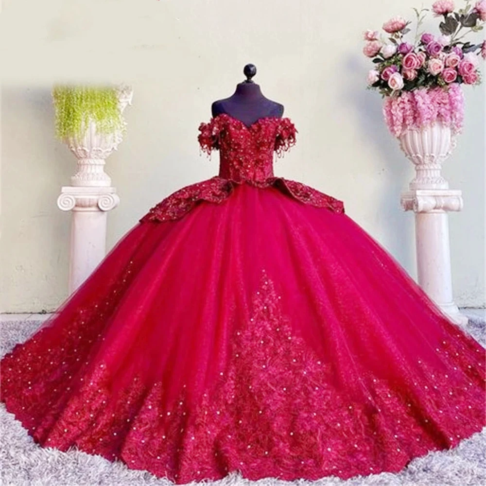 

Princess Quinceanera Dresses Fuchsia Beaded Lace Appliques Off The Shoulder Ball Gown Prom Dress For 15 Girls Formal Wear