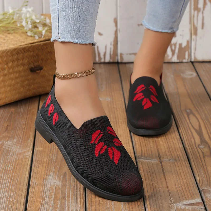 

Leisure Women's Loafers Fashion Print Slip on Square Heels Round Toe Breathable Lazy Mesh Shoes Spring Autumn Daily Ladies Shoes