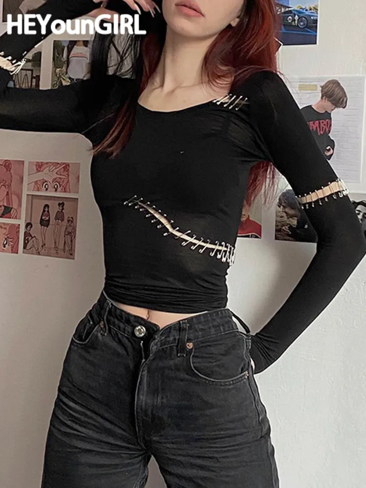 

HEYounGIRL Women Goth Cropped Tee Slit Pin Decoration Party Clubwear Full Length Slim Black Pullovers Sexy Hollow Out Streetwear