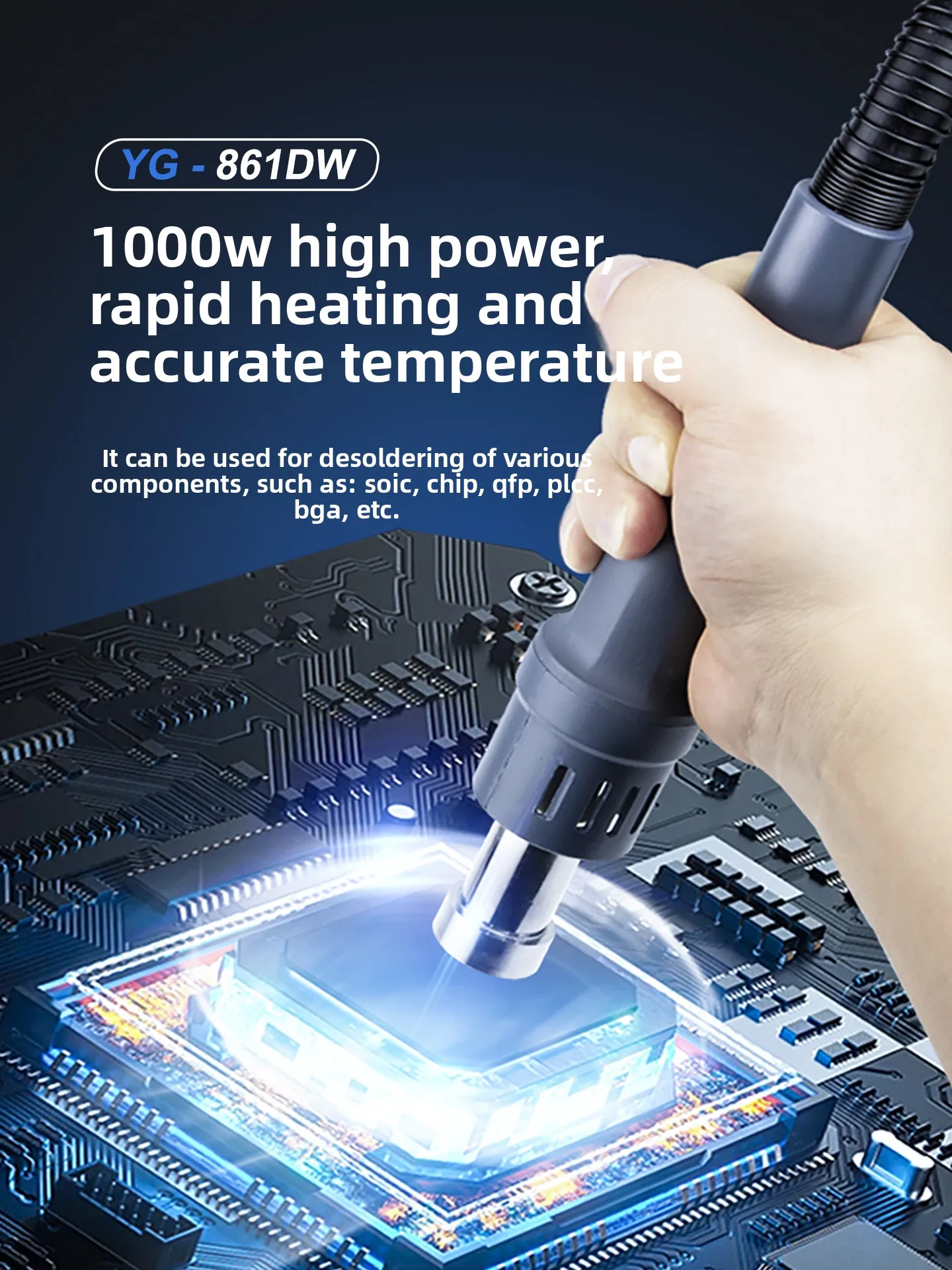 Фото Промышленная станция для пайки горячим воздухом 861DW 1000 Вт – Цифровая термовоздушная паяльная станция для ремонта телефонов, печатных плат и BGA №2