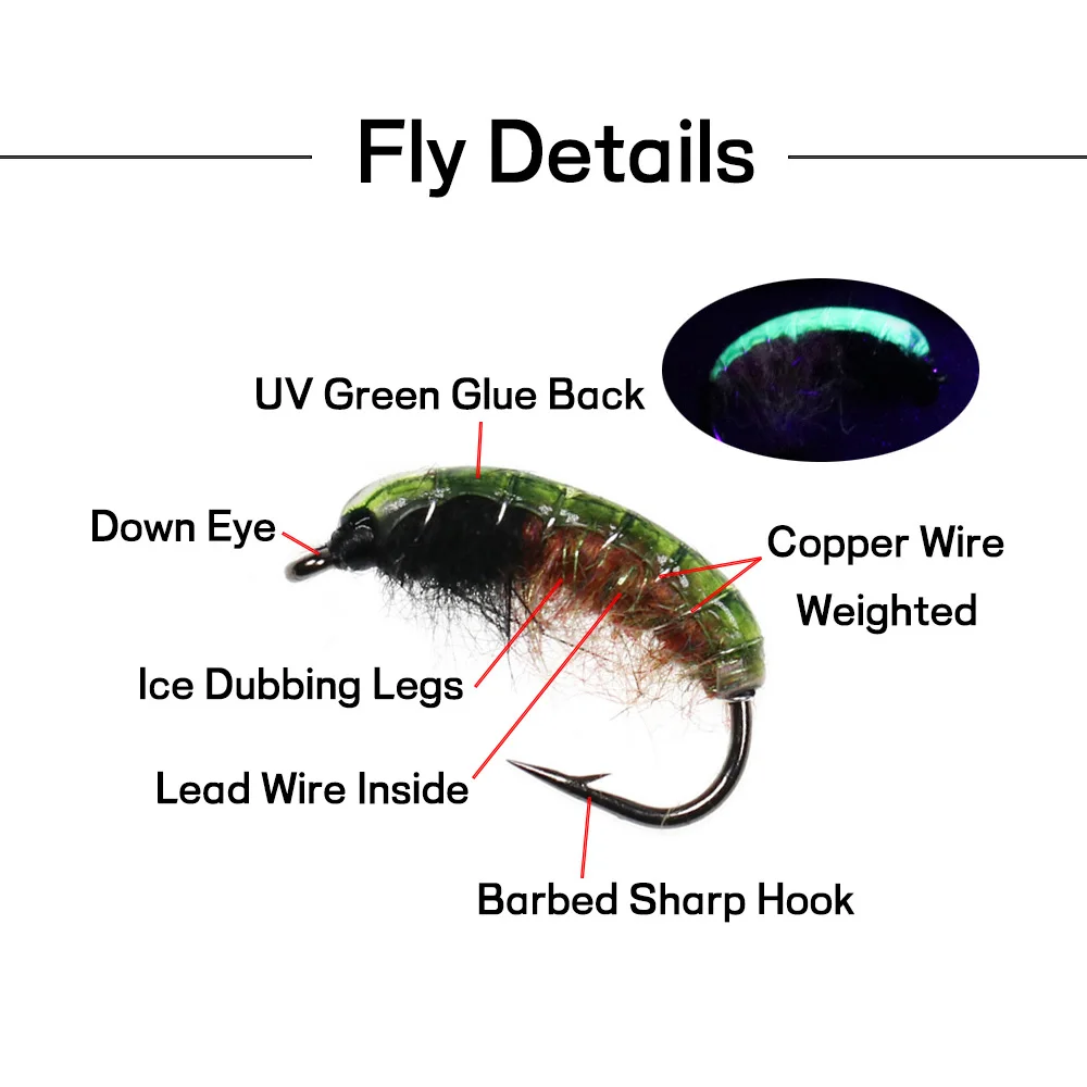 Bimoo 8 шт. #8 #10 УФ зеленый клей для спины Нимфа форель искусственная приманка