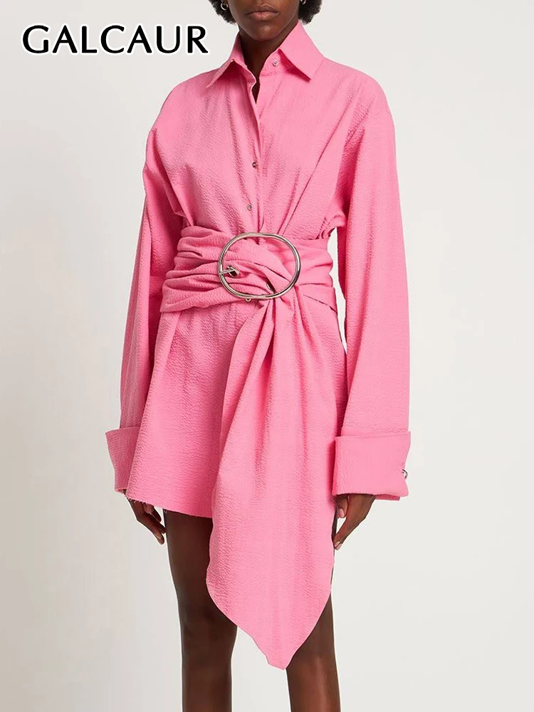 

Женская однотонная блузка с поясом GALCAUR, элегантная однобортная туника с отложным воротником и длинным рукавом, однотонная блузка, новинка 2023