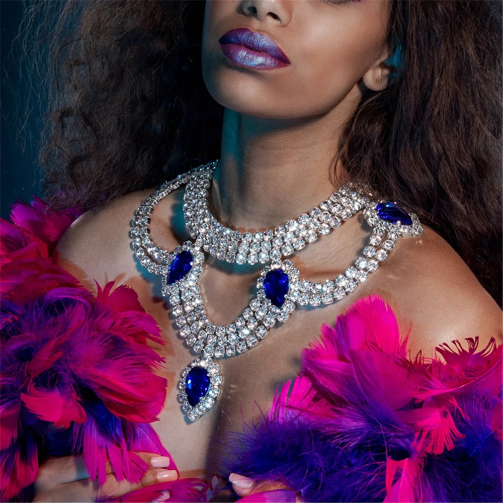 

Роскошные Кристальные Свадебные украшения для женщин Стразы, многорядный чокер, цепочка-ошейник в форме капли воды, ожерелья, аксессуары, о...