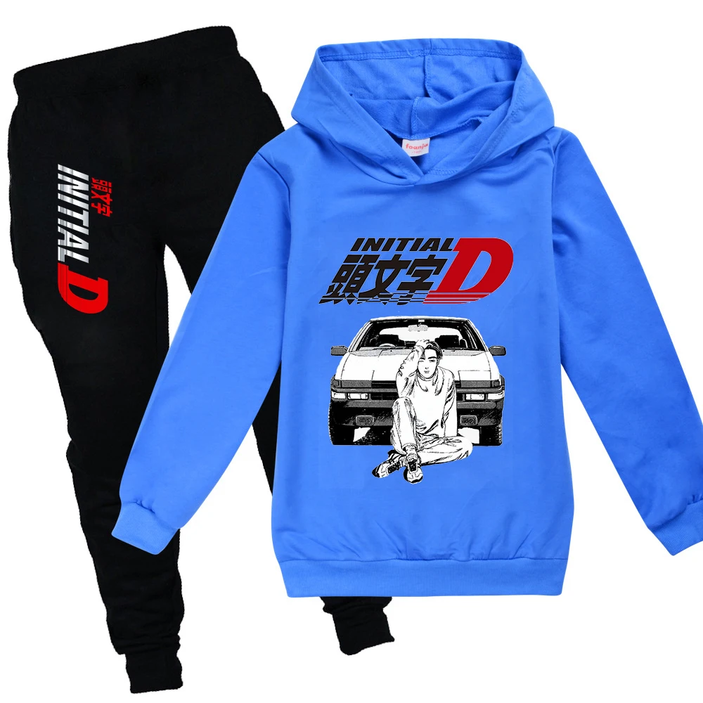 Initial D Hoodie Kids Japanese Anime Autumn Spring Sweatshirt Girls/Boys Graphic Clothing Set Long Sleeve Suit Casual Tops 2-15Y