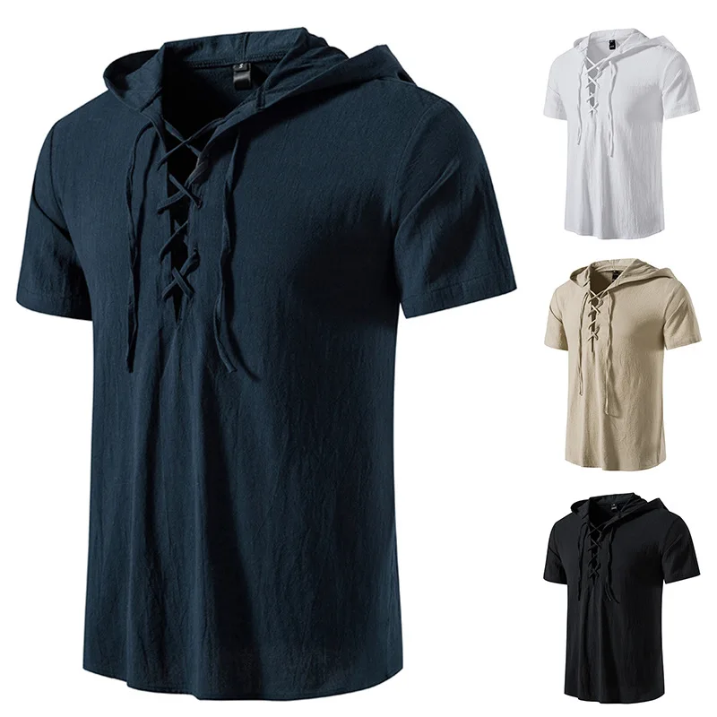 Cotton Hooded Short Sleeve Beach Yoga Men's Short Sleeve Shirt Casual Summer Chest with Hole Short Sleeve 2022 New Shirt Men