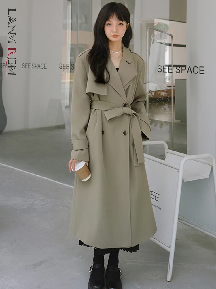 

LANMREM Women Fashion Trench Coat Lapel Belt Double Breasted Mid Length Solid Windbreaker Streetwear 2023 Autumn New 2AA1407