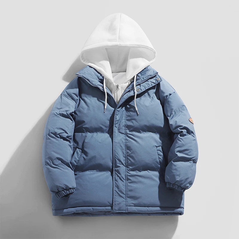 Winter Patchwork Hooded Puffer Jacket for Men Korean Fashion Trends Streetwear Teenage Soft Bubble Coats Oversized Casual Parkas