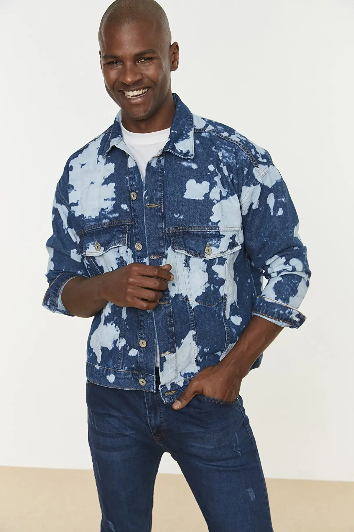 

Blue Men's Boxy Fit Denim Jacket Top Coat Coat Coat for Men 123391657