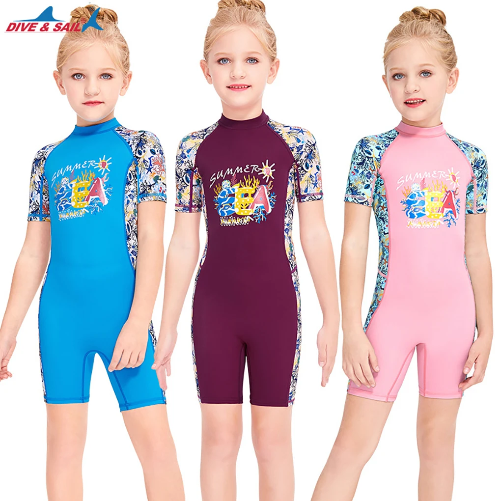 

DIVE SAIL Girl Wetsuit Kids Swimsuit Short Sleeve Snorkel Round Neck Back Zipper Children Wet Suit for Swimming Diving Pink S