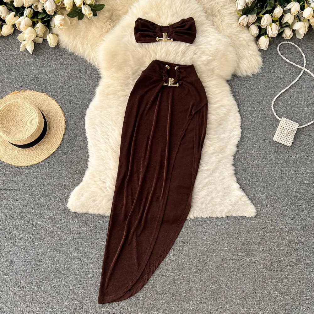 

Irregular Solid Women Summer Skirts Sets New Party Slim Bodycon Split Saya Suit Elegant Female Casual Sexy 2 Piece Sets Clothing