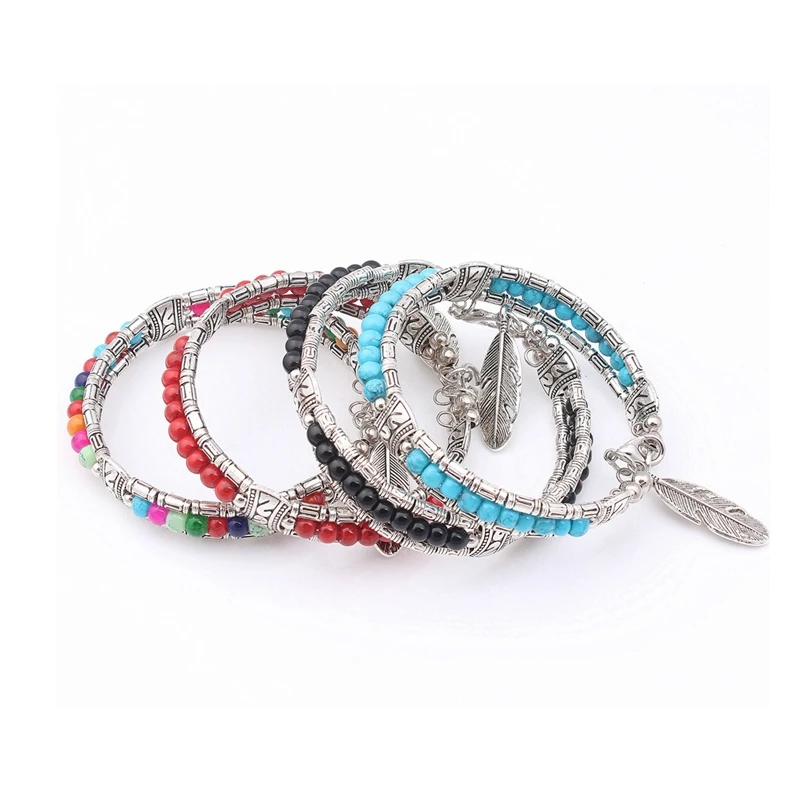 

Vintage Bohemian Turquoise Bangle Ethnic Style Buddhist Jewelry Tibetan Decorative Bead Feather Charm Bracelet for Women