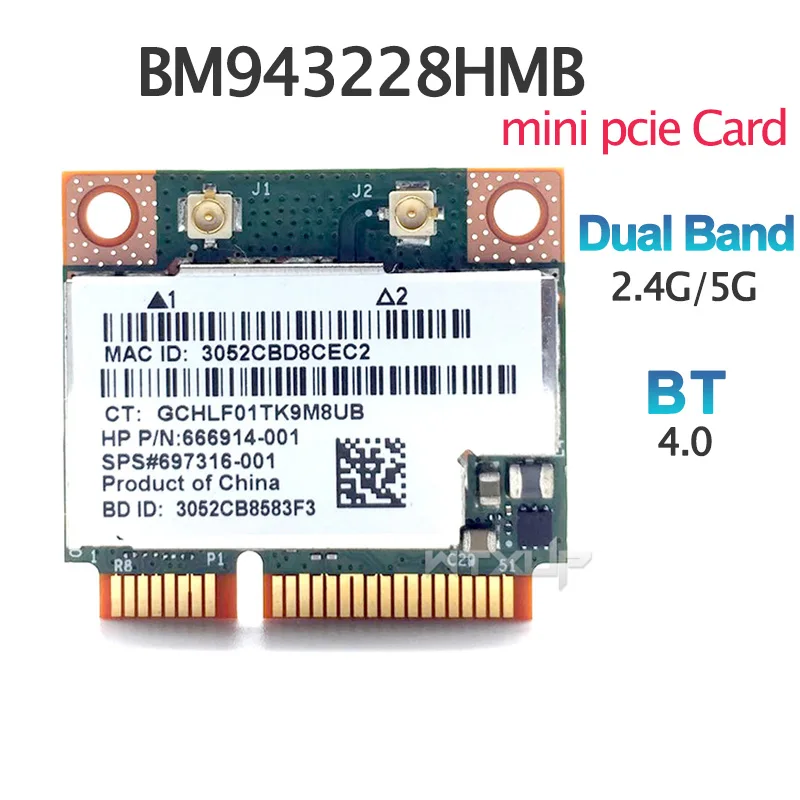 

Used Dual Band 300Mbps BCM943228HMB for Bluetooth4.0 802.11a/b/g/n Wifi Wireless Card Half Mini PCI-E Notebook 2.4G/5Ghz Adapter