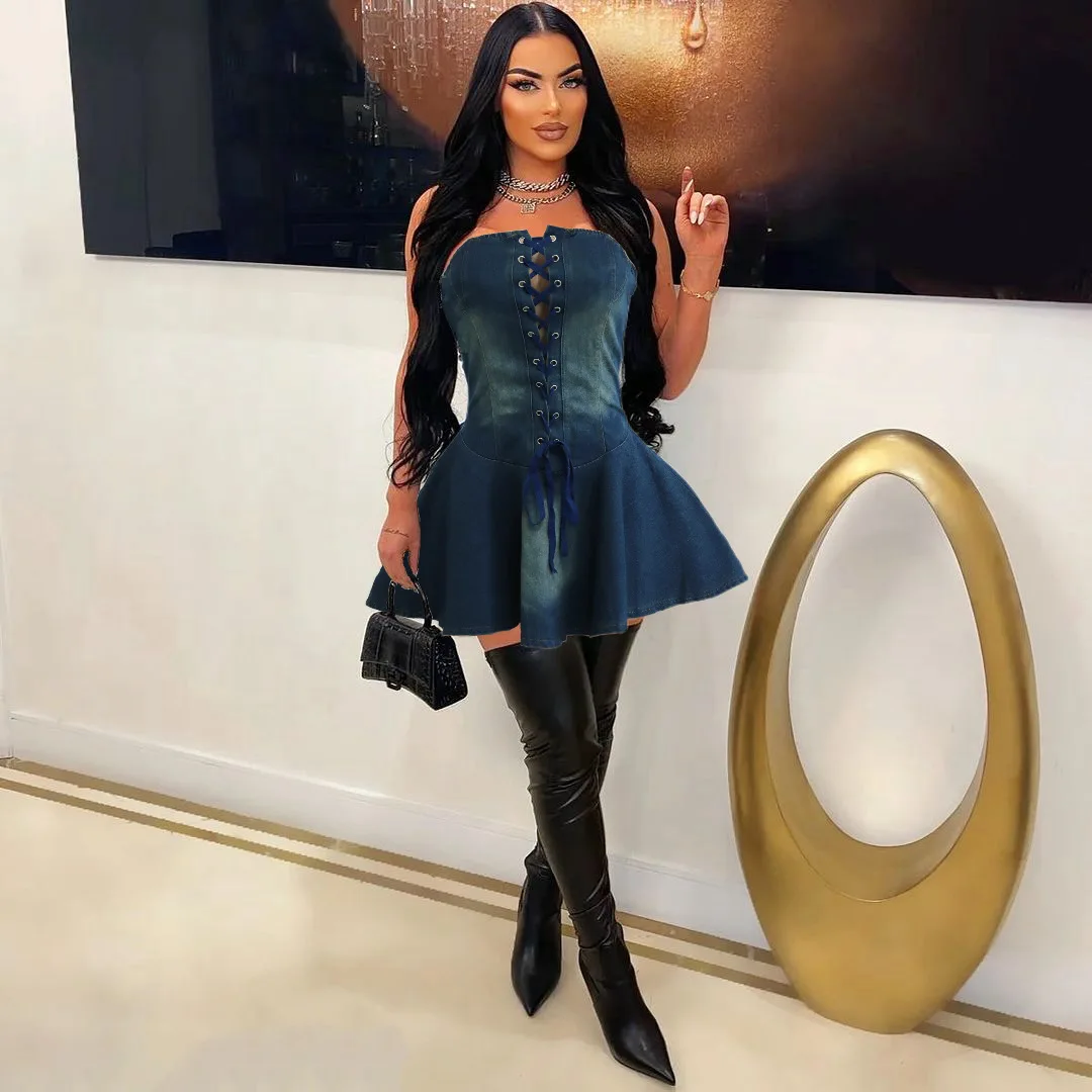 Джинсовые мини-платья без рукавов с открытой спиной для женщин джинсы