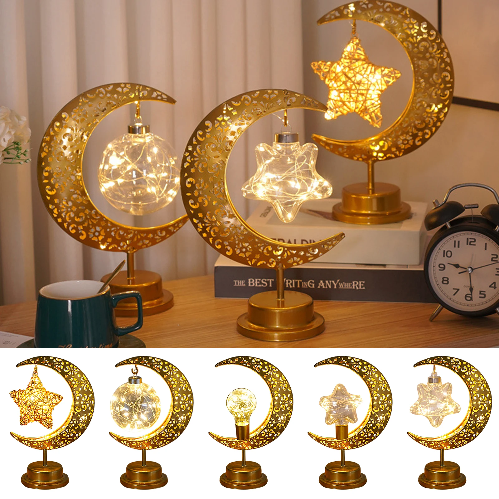 

Ramadan LED Night Lights Wrought Iron Hollow Moon Festival Atmosphere Lamp Battery Powered Holiday Lighting Gifts Party Supplies