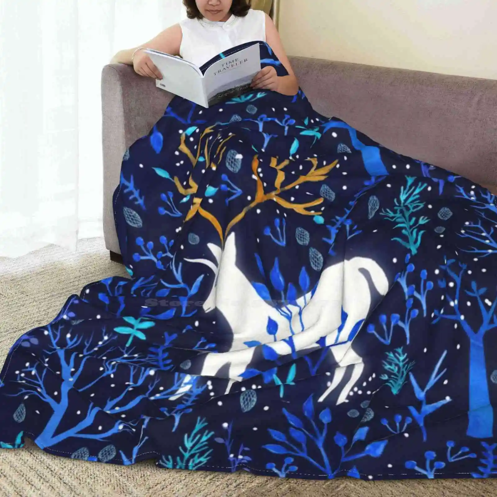 Одеяло Deericorn в синем цвете мягкое теплое переносное одеяло для путешествий