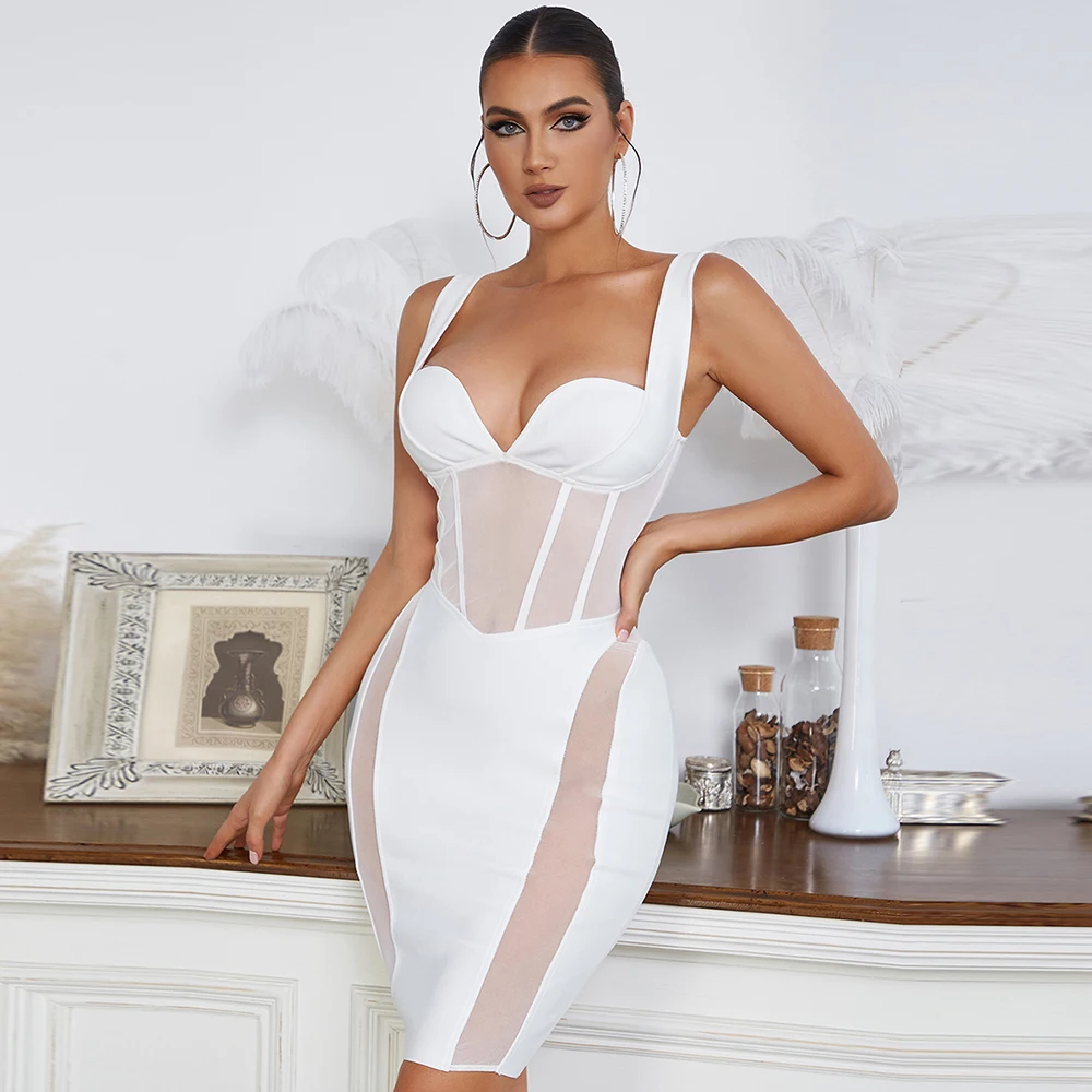 

Top Quality White Color Rayon Bandage Women Sleeveless Sexy V-Neck Bodycon Mini Dress Fashion Celebrate Nightclub Party Outfit