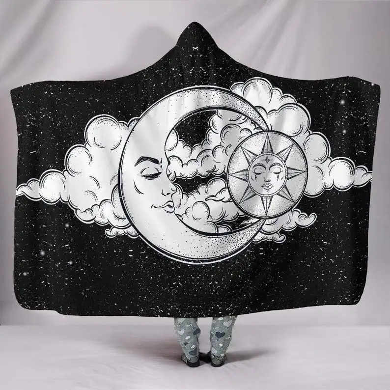 

Hooded Blanket, Sun and Moon Face, Hippie, Spiritual, With Hood, Handmade Crafted, Outdoor Blanket, Plush Sherpa Fleece, Custom